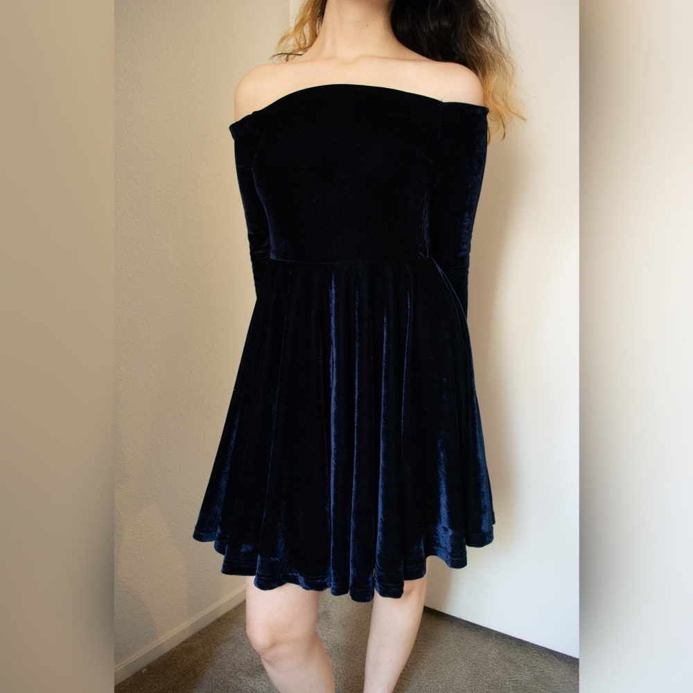 Blue Velvet Off The Shoulder Skater Dress